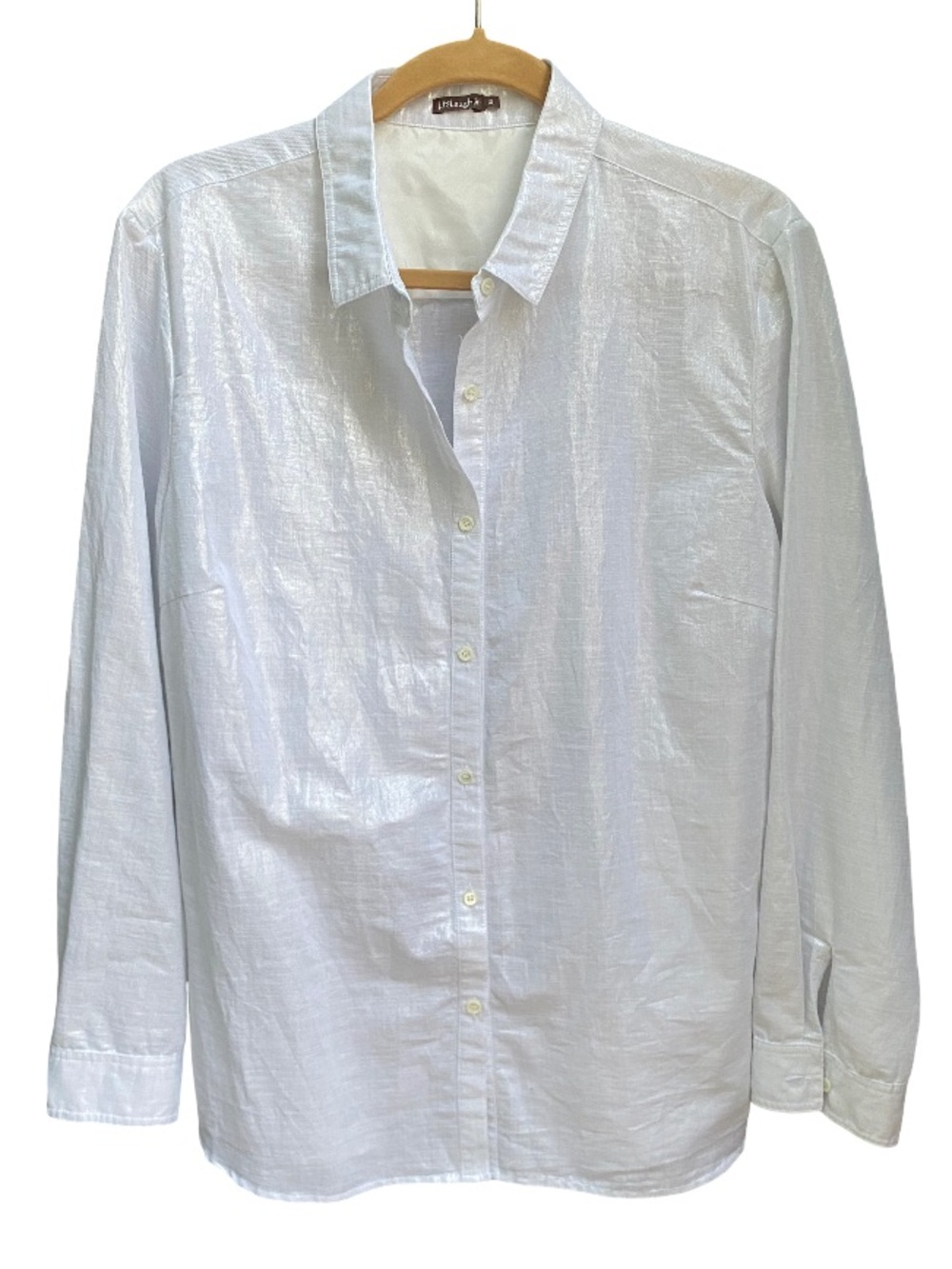 J. McLaughlin white metallic cotton blend shimmer button down blouse size XL